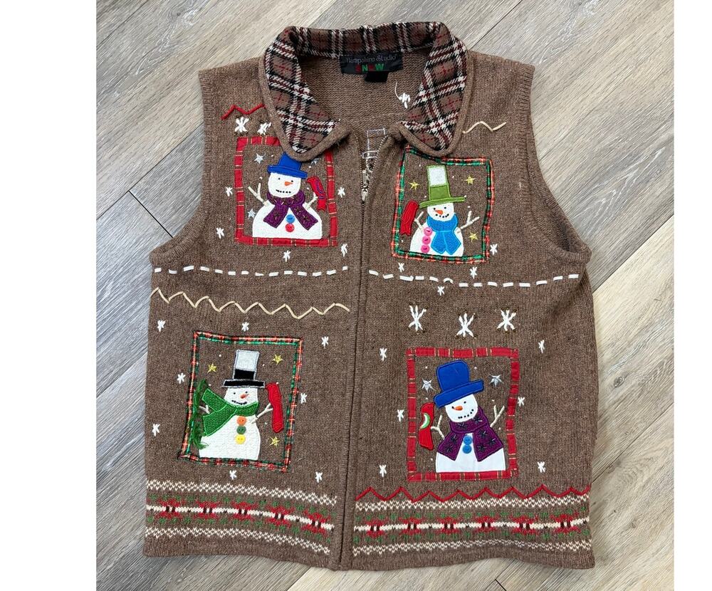 Hampshire Studio Snowman Sweater Vest Large Brown Christmas Holiday Knit